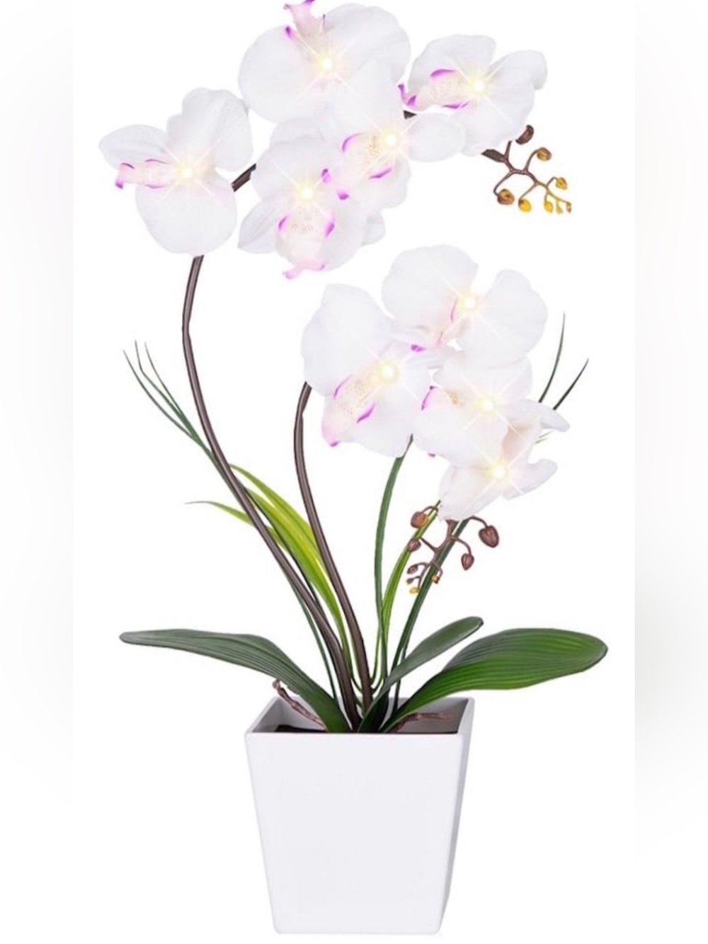 NIB White LED Faux Orchid Arrangement in White Planter 15" White Floral Pre Lit